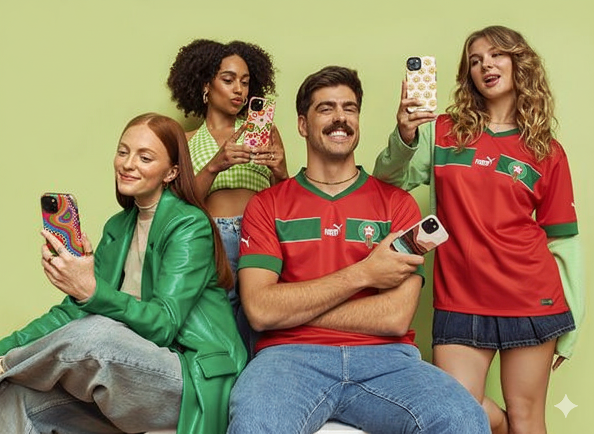 Football fans in Moroccan jerseys interacting with phones